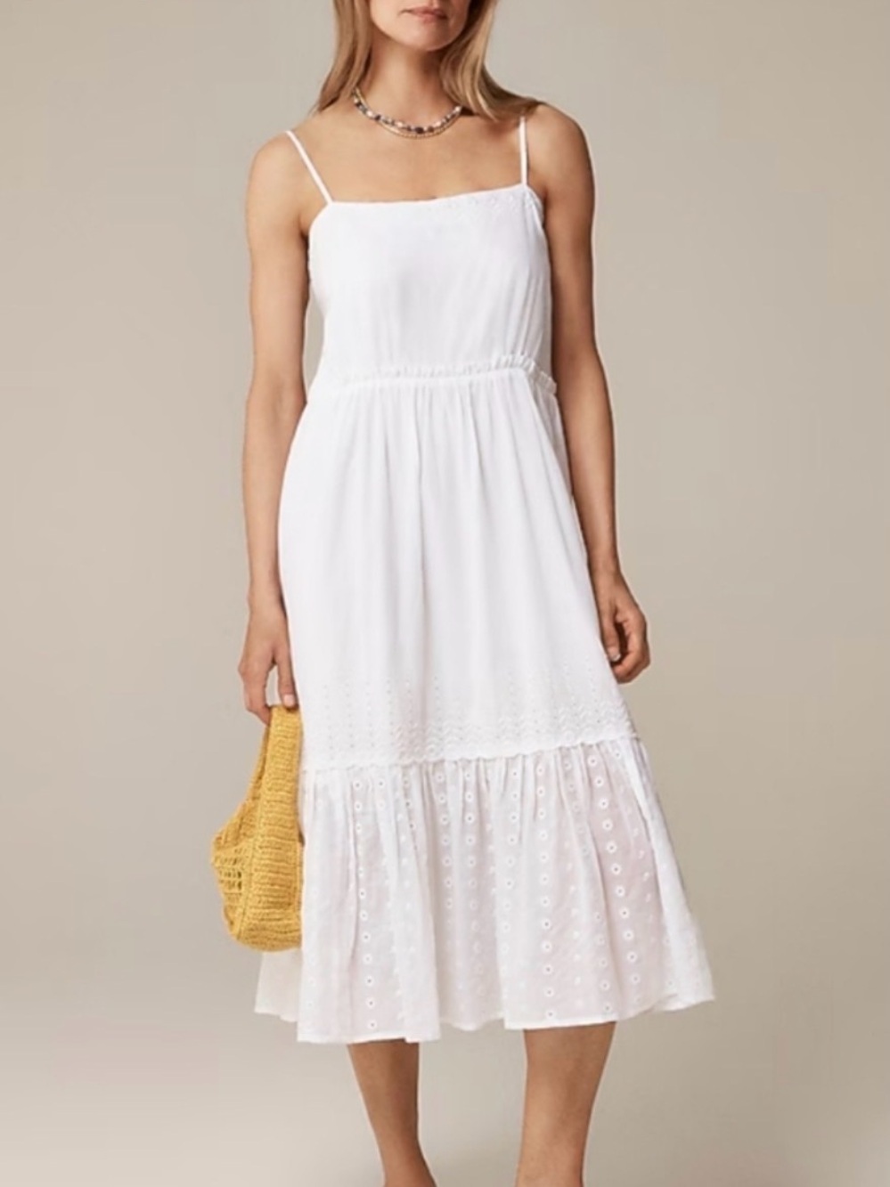 J. Crew White Eyelet Spaghetti-Strap Midi Dress